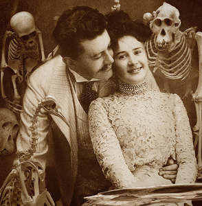 vintage photo a well-dressed man with his arm around a well-dressed woman with skeletons in the background