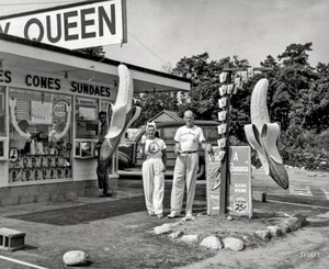 Vintage dairy queen exterior with people waiting ouptside