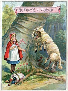 Cartoon of little red riding hood talking to the wolf dressed as a sheep