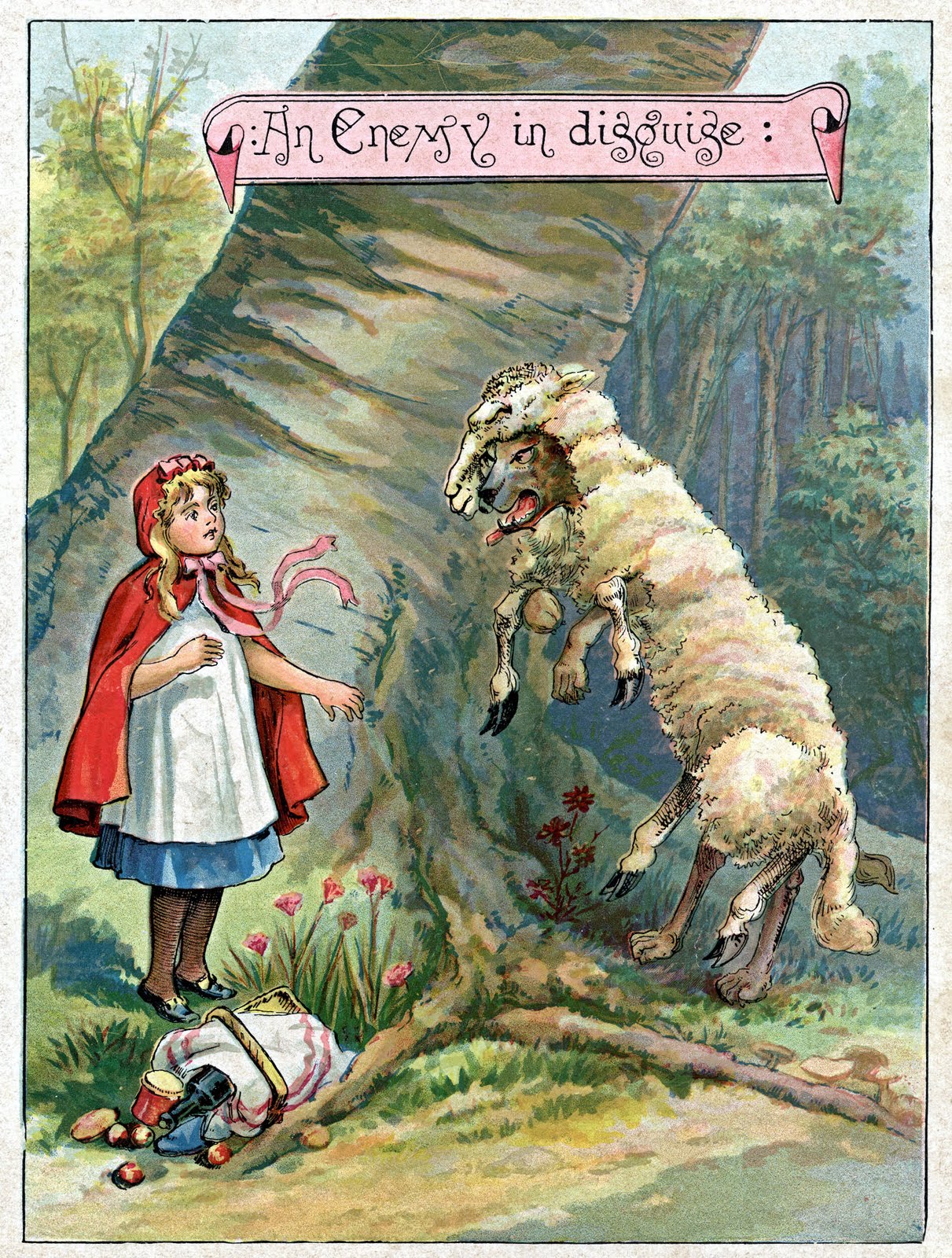 Cartoon of little red riding hood talking to the wolf dressed as a sheep