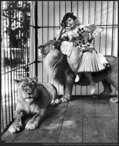 A vintage photo of a woman in cage leaning against a lion and next to another lion