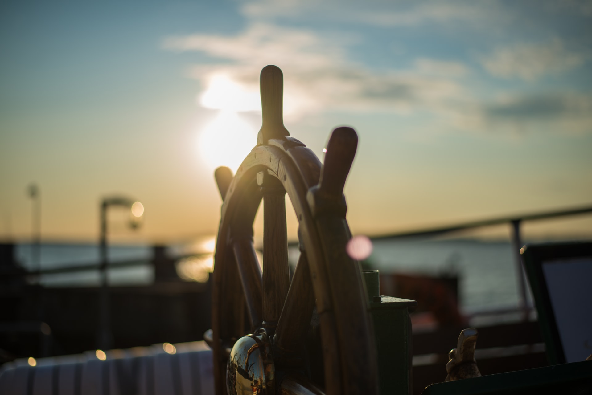 Captain's wheel at sunset