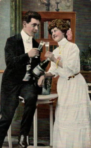 Vintage postcard of a well-dressed man and woman toasting two glasses of champagne.
