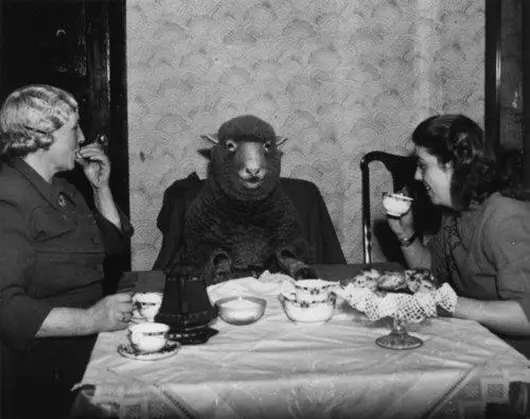 Two women have a tea party with someone in a sheep costume