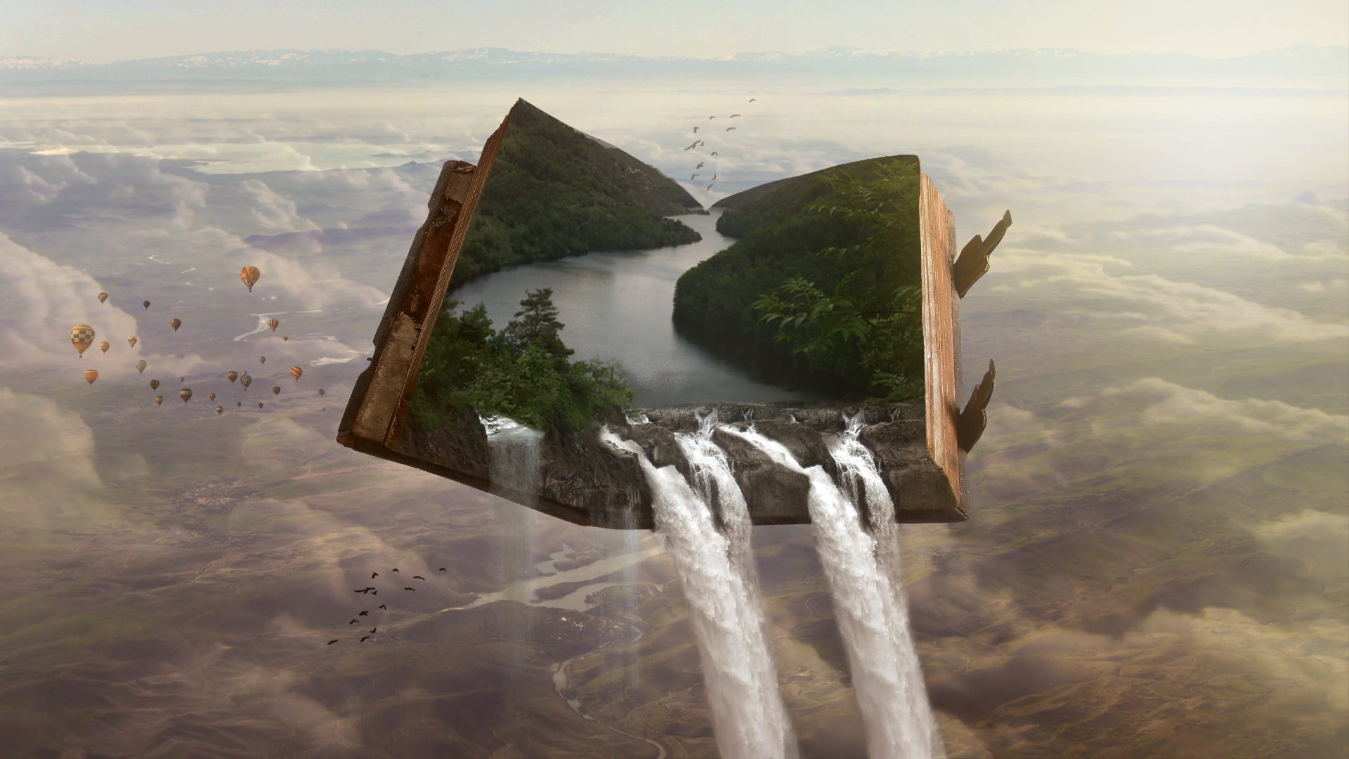 surreal image of a book floating in the air with trees and rivers overflowing from the pages.
