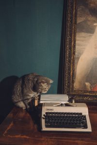 cat sitting by vintage typewriter