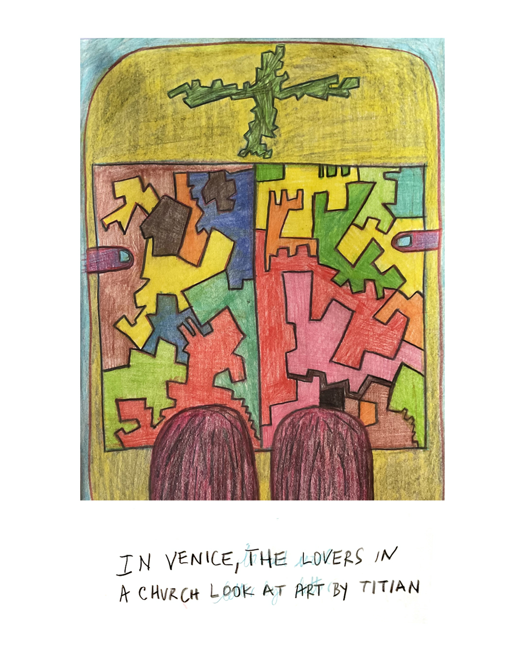 Sketch of two people looking at stained glass. Text reads "In Venice, the Lovers in a Church Look at Art by Titian."
