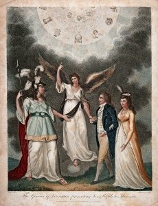 A winged woman (the genius of literature) presents an elegant couple to the Roman goddess of wisdom, Minerva, above the group appears a triangle (sign of God) surrounded by cherubs, signs of the sciences and the lettering "Literature". Colour stipple engraving by J.W. Chapman after Dodd.