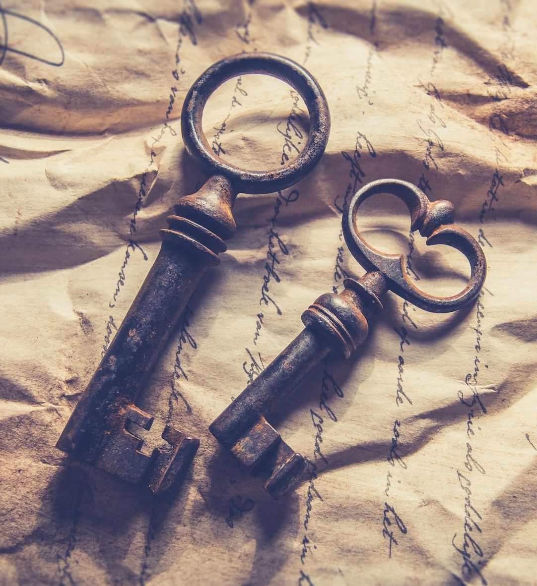 two black skeleton keys on an old paper