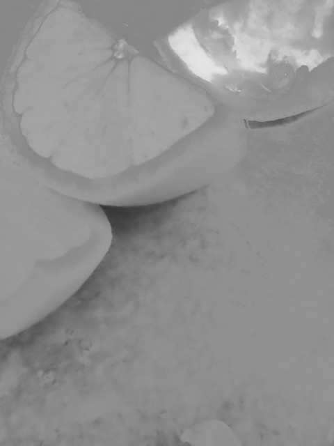 Black and white photo of sliced oranges