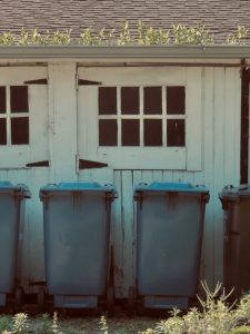 garbage bins in front of a dilapidated garage