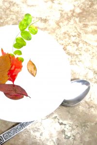 Overexposed overhead shot of a white plate on a stone surface, with colorful autumn leaves and a small green leafy stem arranged on it, alongside a silver spoon and decorative knife.