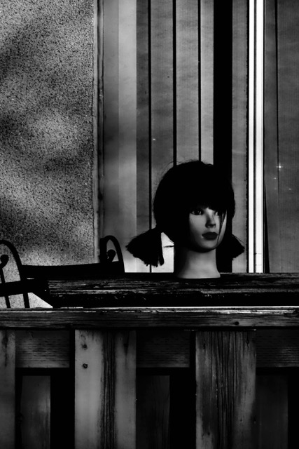 Black-and-white photo of a mannequin head with a dark bob haircut and bangs, seen behind a weathered wooden counter against a background of vertical slats.