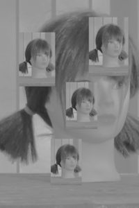 Black-and-white photo of a mannequin head with dark hair in pigtails, with several smaller mannequin head images layered on top.